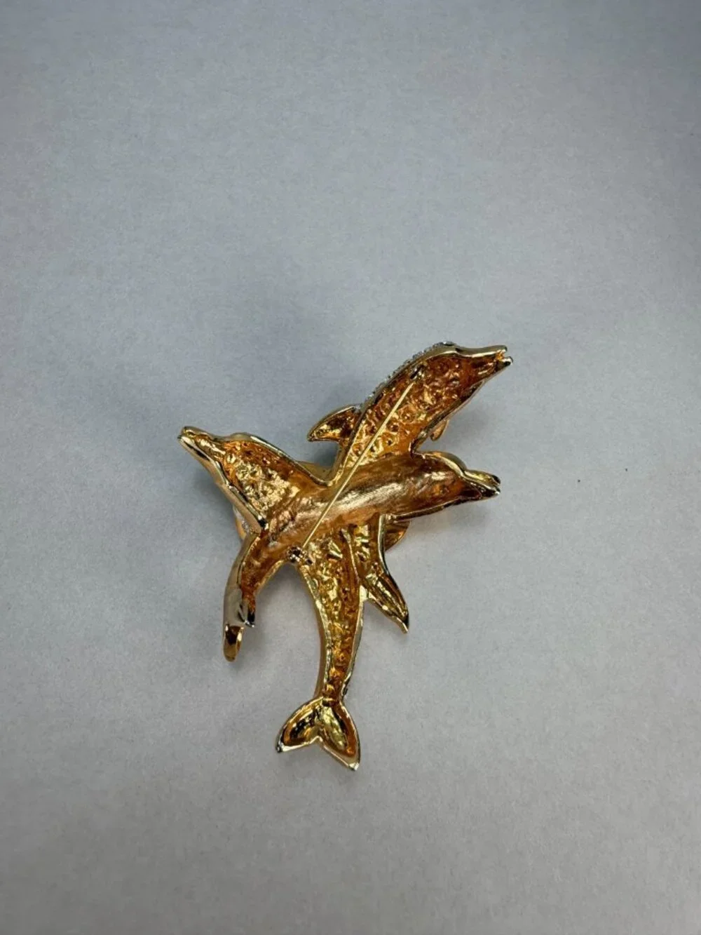 Vintage Dolphin Brooch Rhinestone Gold Tone Double Dolphin Ocean Figural Pin